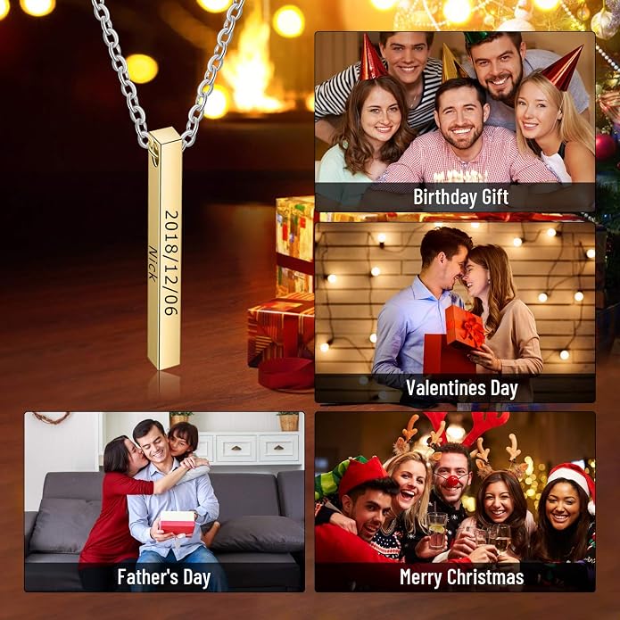 LanM Gifts for Dad Father's Day Gifts Personalized Mens Necklace Custom Name Necklaces for Men Bar Necklace for Women Engraved Initial Name Vertical Bar Necklace for Father