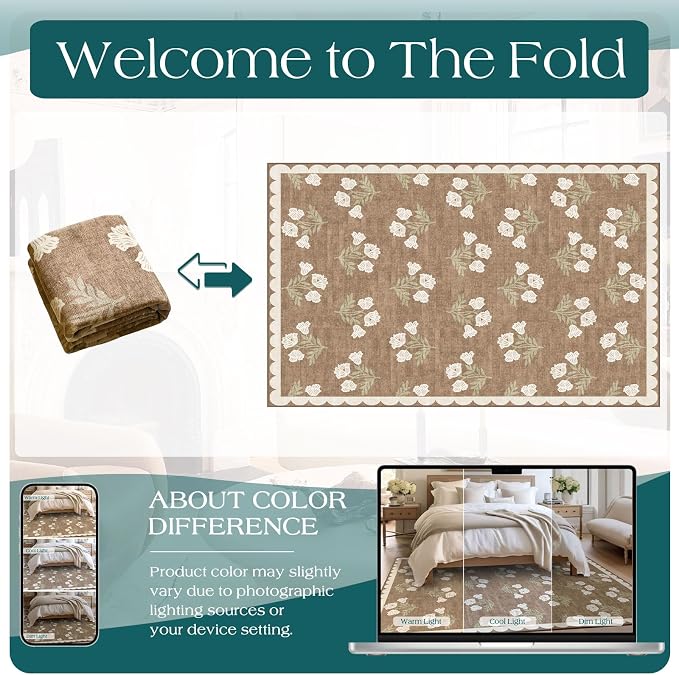 Boho 5x8 Living Room Rug - Tan Soft Washable Floral Scalloped Bedroom Area Rug Stain Resistant Dining Room Rugs for Under Table Non Slip Vintage Farmhouse Rugs for Living Room Nursery Carpet