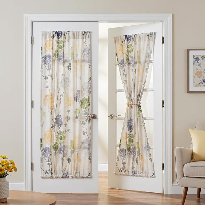 MYSKY HOME Floral Linen French Door Curtains 72 inch Long 2 Panels for Front Door Light Filtering Privacy Semi Sheer Window Curtains with Rod Pocket, Sage Green, 24" W Each Panel
