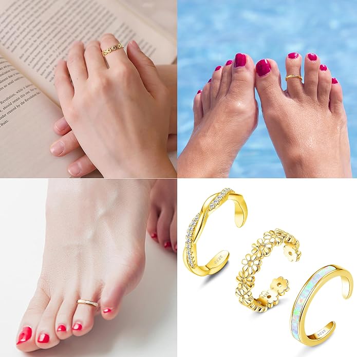 FIASASO 3Pcs 925 Sterling Silver Toe Rings for Women Adjustable 14K White Gold Plated Flower Twist Opal Band Rings Summer Beach Open Toe Rings Foot Jewelry Set