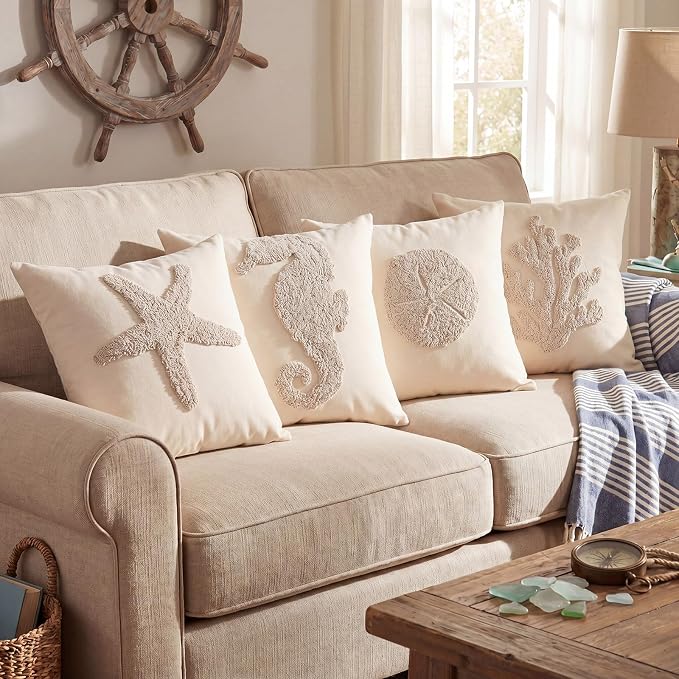 4 Pcs Coastal Beach Pillow Covers 18x18 Starfish Seahorse Coral Sand Dollar Embroidery Nautical Throw Pillow Covers Cushion Cases for Bedroom Sofa Ocean Summer Theme Holiday Home Decoration