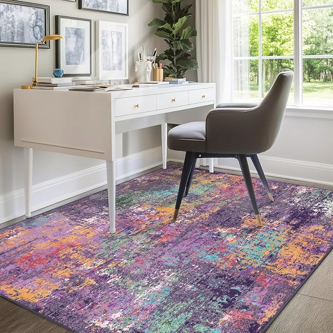 RELEANY Washable Area Rugs 7'x9' Non-Slip Modern Abstract Soft for Living Room Entryway Bedroom Kitchen, Print Pattern, Purple Orange Blue Green Rust Red Colorful