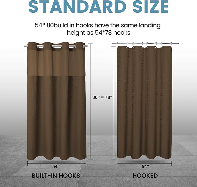 EUTXL Heavyweight Brown Stall No Hook Shower Curtain with Snap in Liner,256GSM Waffle Weave Shower Curtains for Bathroom,54W x 80H