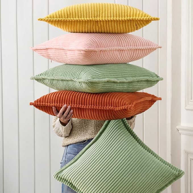 decorUhome Fall Corduroy Sage Green Throw Pillow Covers 18x18 Set of 2 | Couch Decorative Soft Modern Boho Farmhouse Pillow Covers Broadside Striped Pillow Cases for Living Room Bed Sofa