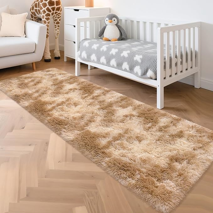 2x8 ft Plush High Pile Khaki Tie Dyed Rug Fluffy Soft Runner Bedside Rug for Bedroom Living Room Hallway Nursery Kids Home Decor Shag Carpet