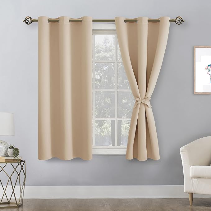 Hiasan Short Blackout Curtains for Bedroom - Thermal Insulated & Energy Saving Window Curtains for Living Room, 2 Drape Panels Sewn with Tiebacks, Beige, 38 x 45 Inch
