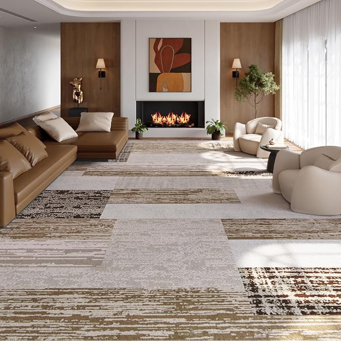 FlyDOIT Modern Geometric Patchwork Area Rug, 9x12 Beige Large Rugs for Living Room, Rockwood Collection Indoor Rugs for Bedroom, Throw Carpet Floor Decor for Entryway Dining Room Office Nursery