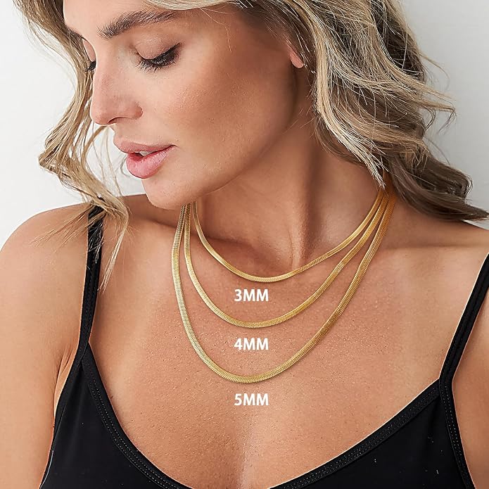 Jewlpire Silver/18K Gold Plated Herringbone Necklace for Women, 3mm 4mm 5mm Necklace for Women, Flat Snake Chain Necklaces, Fashion Women's Chain Necklaces 16 18 20 22 24 Inch