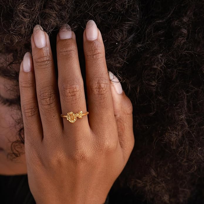 Birth Flower Ring for Women 14K Gold Plated Floral Minimalist Stackable Finger Jewelry Birthday Gifts