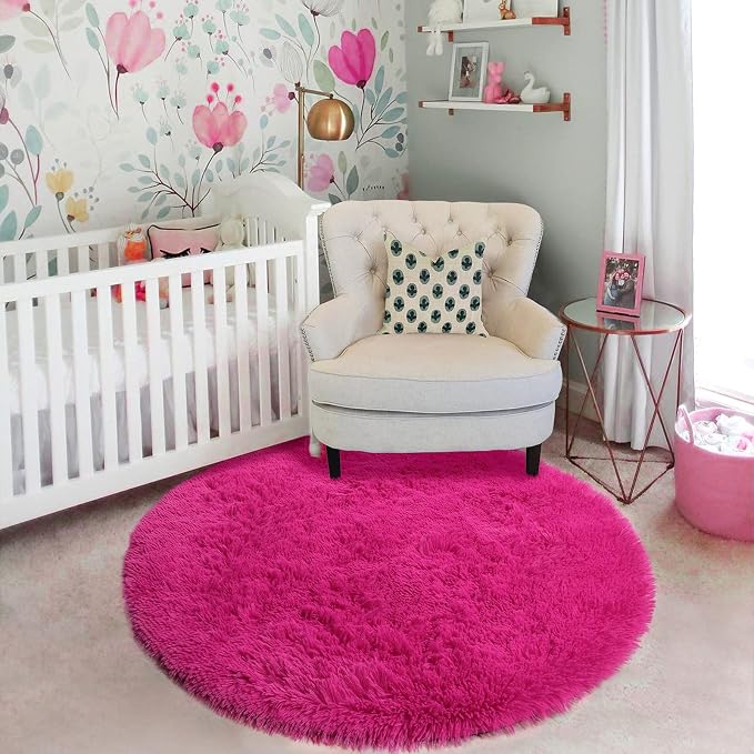 Hot Pink Small Round Rug 3Ft for Girls Bedroom, Fluffy Circle Area Rugs for Kids Room Decor Aesthetic, Shag Plush Fuzzy Furry Carpet for Playroom, Nursery, Dorm, Classroom, Teen, Cute Shaggy Baby Rug