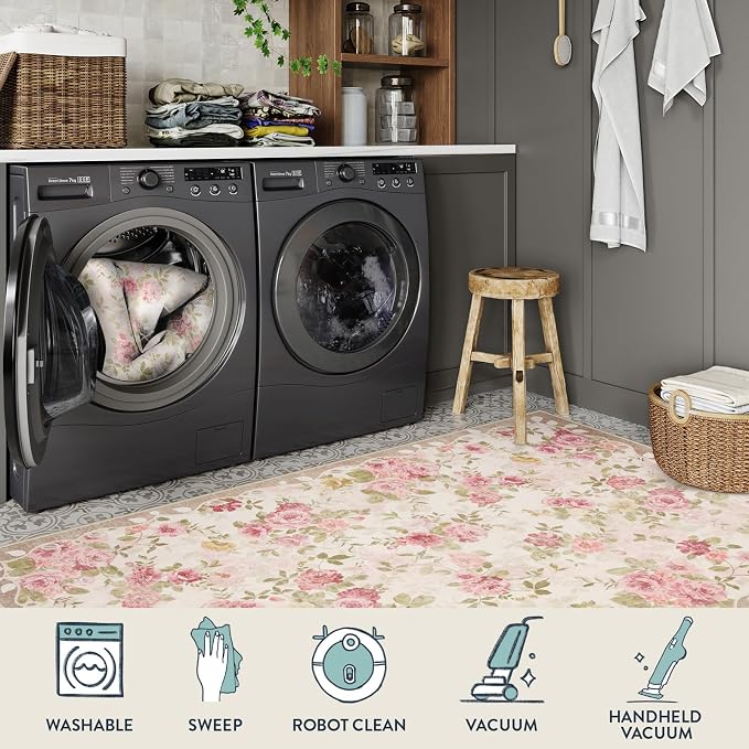 Lahome Floral Washable Rugs 9x12, Large Area Rugs for Living Room | Soft Non-Slip Thin Vintage Boho Bedroom Carpet for Dining Room Playroom Nursery Farmhouse, Nina Beige/Pink/Multi