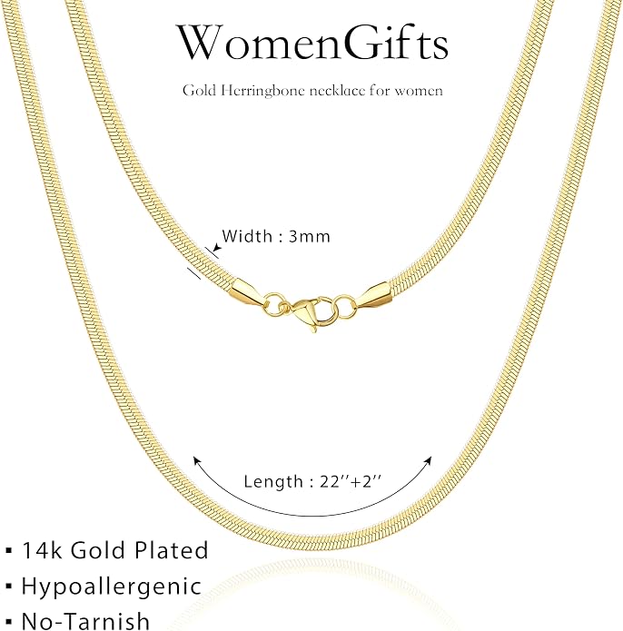 WomenGifts 14K Gold Silver Plated Herringbone Necklace for Women, Dainty Snake Chain Choker, Trendy Simple Long Layered Jewelry Non Tarnish, 3/4/5/8mm,14,16,18,20,22,24,26 Inch Thin & Chunky Options