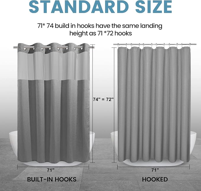 EUTXL 256GSM Heavyweight Waffle Weave Shower Curtain with Snap-in Liner, Extra Thick & Luxury Weighted Fabric Bath Curtain Set, 71W x 74H, Grey