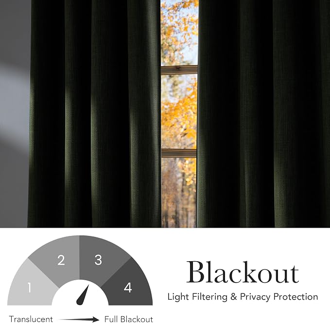 NICETOWN Froest Green Faux Linen Room Darkening Rod Pocket Curtains 63 inch Length, W42 x L63, Light Blocking Thermal Insulated Noise Reducing Drapes for Bedroom Living Room Farmhouse Decor, 2 Panels