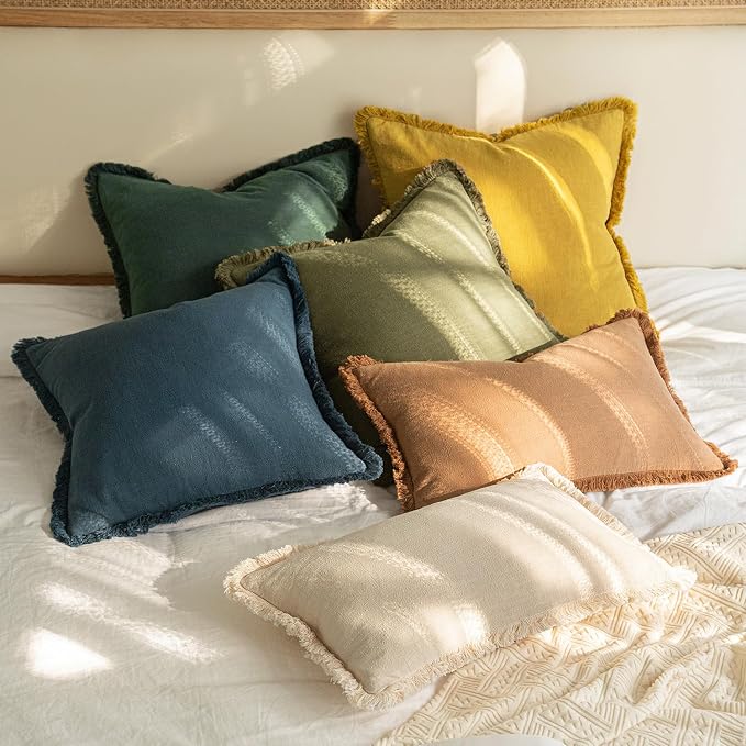 MIULEE Decorative Throw Pillow Covers Neutral Linen Fringe Throw Pillows Euro Shams Set of 2 Navy Blue Boho Farmhouse Cushion Covers for Couch Sofa Bed Living Room Spring Home Decor 22x22 Inch