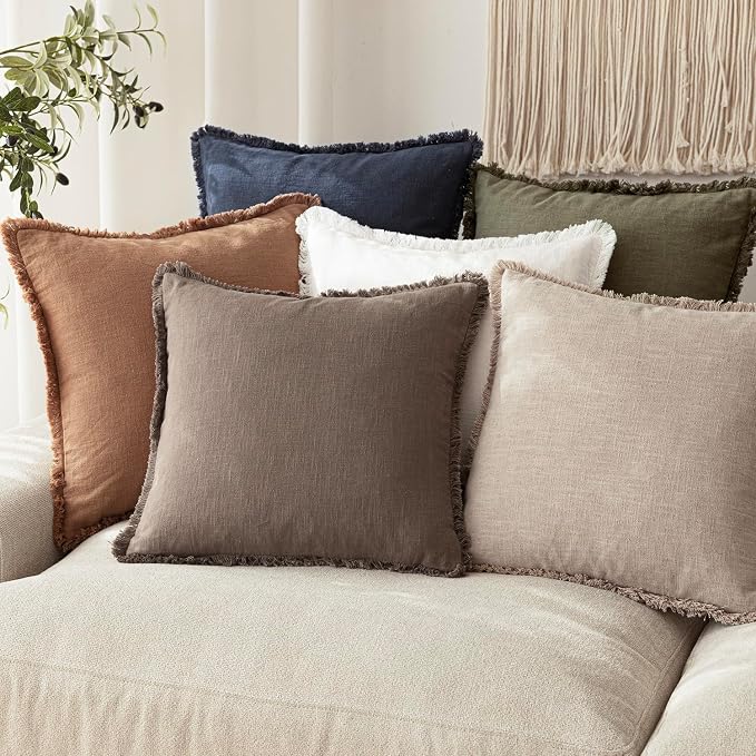 Foindtower Set of 2 Decorative Linen Fringe Throw Pillow Covers Cozy Farmhouse Cushion Cover with Tassels Accent Pillowcase for Couch Chair Sofa Bed Living Room Home Decor,16×16 Inch,Light Coffee