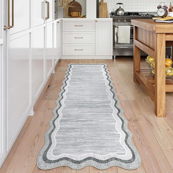 Garvee Washable Runner Rug 2x6 Scalloped Rugs for Bathroom Modern Kitchen Hallway Rugs Stain-Resistant Non-Slip Solid Rug Soft Scalloped Entryway Carpet Runner for Bathroom Laundry Bedside(Grey,2x6ft) | Modern Long Runner Rug for Entryway Bedroom, Non ...
