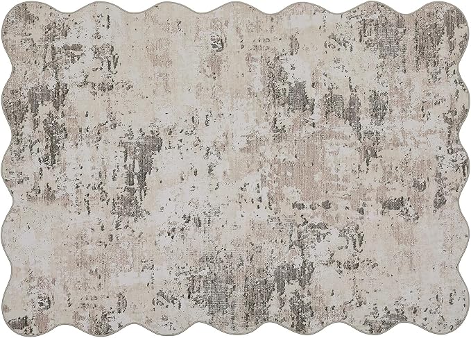 ROYHOME 5x7 Modern Abstract Faux Wool Scalloped Rug Ultra-Soft Low Pile Accent Rug Stain Resistant Carpet Machine Washable for Bedroom with Non Slip Backing, Brown Grey