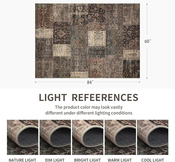 Vintage Washable Area Rug for Living Room,Low Pile 8x10 Non Slip Carpet Non-Shedding Area Rug Soft Indoor Stain Resistant Rug Floral Print Mat for Bedroom Dining Room 084-Brown