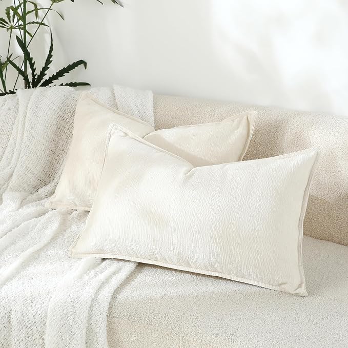 Stellhome Set of 2 Super Soft Textured Decorative Pillow Covers Lumbar Chenille Throw Pillow Covers Accent Solid Cushion Cover for Couch Sofa Bedroom Living Room 12x20 Inch, Cream White