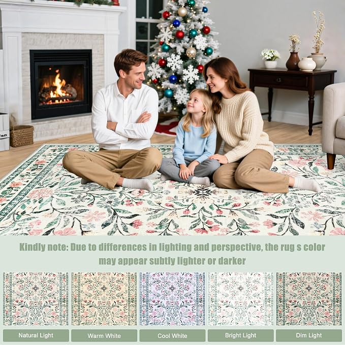 Area Rug Living Room Rugs: Floral 3x5 Washable Rug Vintage Soft Boho Non-Slip Carpet Indoor Floor Stain Resistant Large Carpets for Bedroom Dining Room Farmhouse Nursery Hallway Green/Beige
