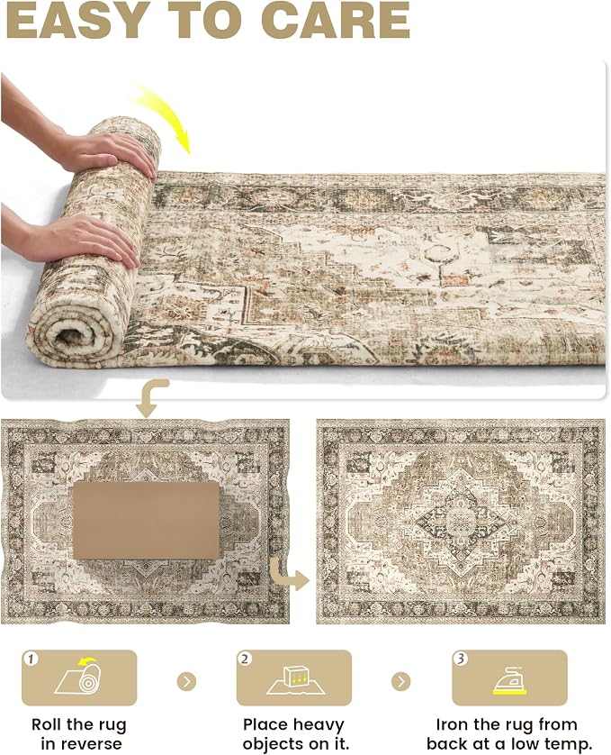 Roxstand 6x9 Washable Area Rug, Non Slip Living Room Rug Brown/Beige | Low Pile Vintage Rug, Stain Resistant, Non-Shedding Design, Pet & Kid Friendly, Carpet for Bedroom, Dining Room Office