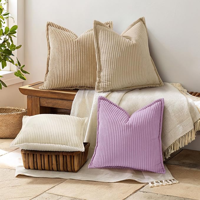 decorUhome Fall Corduroy Lilac Throw Pillow Covers 12x20 Set of 2 | Lumbar Couch Decorative Soft Modern Boho Farmhouse Pillow Covers Broadside Striped Pillow Cases for Living Room Bed Sofa