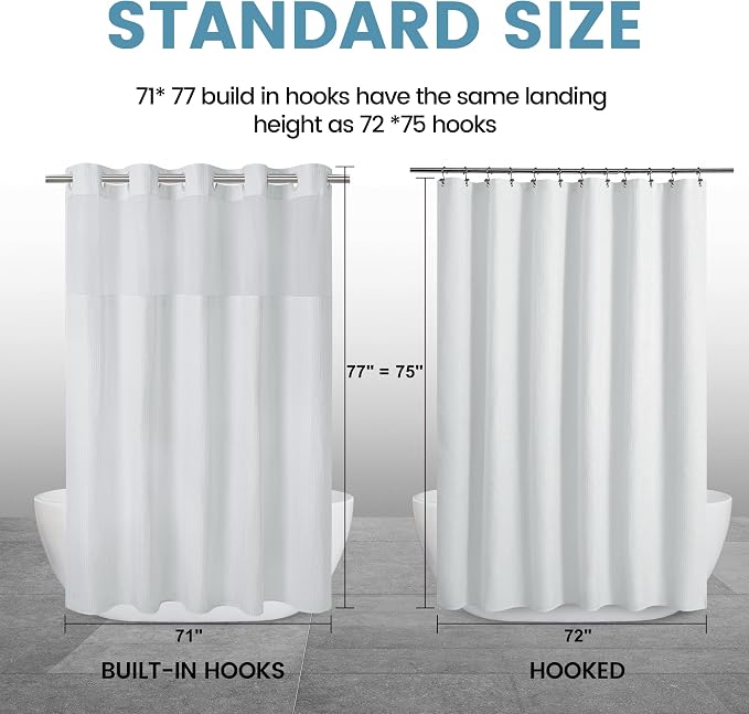 EUTXL Heavyweight Long No Hook Shower Curtain with Snap in Liner,256GSM Waffle Weave Shower Curtains for Bathroom,71W x 77H(75"),White