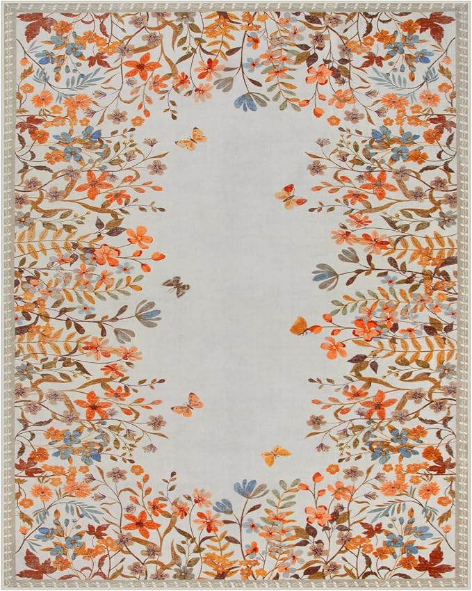 Wonnitar 8x10 Washable Area Rug, Burnt Orange Floral Rug for Living Room, Boho Large Botanical Bedroom Carpet, Non Slip Nursery Rug, Farmhouse Dining Room Decor (8x10 Orange)