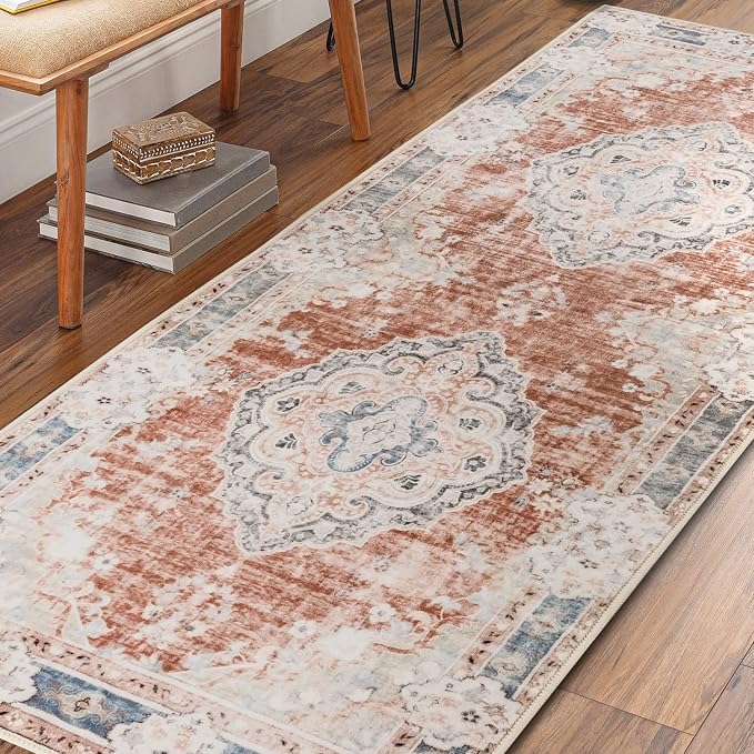 MUJOO Washable Runner Rug 2x6 Area Rugs Non Slip Low-Pile Flowers | Long Throw Carpet for Hallways Entryway Kitchen Bathroom Bedside Bedroom Laundry Boho Soft Indoor Floral Orange Navy Blue