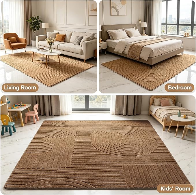 8x10 Large Solid Color Area Rug, Washable Living Room Rug, Ultra Soft High-Low Rugs for Bedroom, Non-Slip Geometric Textured Indoor Carpet for Nursery, Kids Room, Apartment, Home Office, Brown