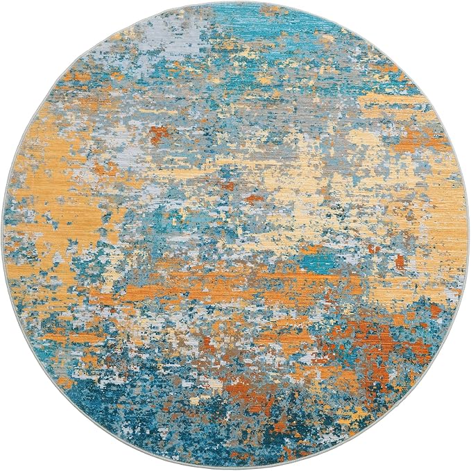 ROYHOME Modern Abstract 4x4 Round Area Rug Non Slip Non Shedding Rug Low Pile Stain Resistant for Bedroom Living Room Office Dining Room,Multi Color