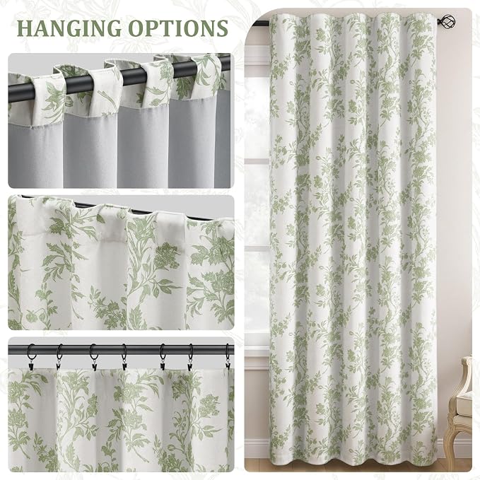 Sage Green Floral 100% Blackout Curtains for Bedroom 84 Inch Length 2 Panels Set, Farmhouse Curtains for Living Room