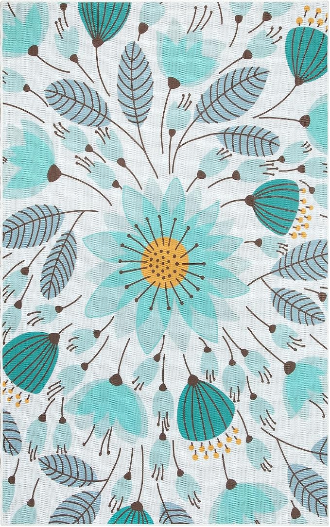 Lahome Floral Indoor Outdoor Rug, 5x8ft Non Slip Outdoor Patio Rug for Balcony Deck, Portable Outdoor Carpet for Camping Picnic Backyard, Breathable RV Mat Outdoor Rugs for Living Room Bedroom,Blue