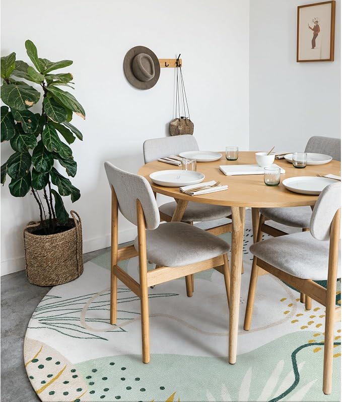 Lahome Green 8 Ft Round Rug - Washable Round Area Rug for Living Room Throw Soft Boho Round Rug Large Non-Slip Dining Room Rug, Botanical Print Round Carpet for Bedroom Office (Green,8'x8')