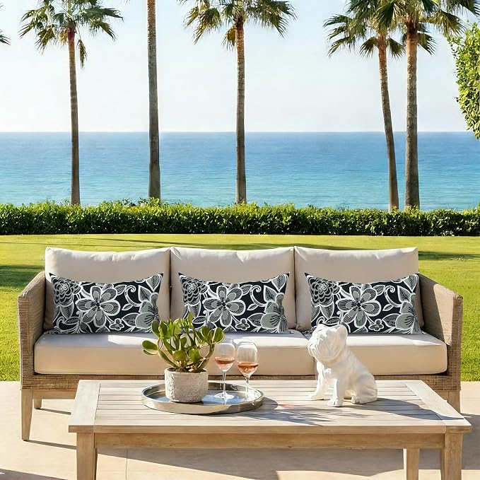 Pack of 2 Outdoor Lumbar Pillow Covers, All Weather Cushion Pillow Cases 12x20 Inch, Pillowcase for Patio Couch Decoration, Flower Black