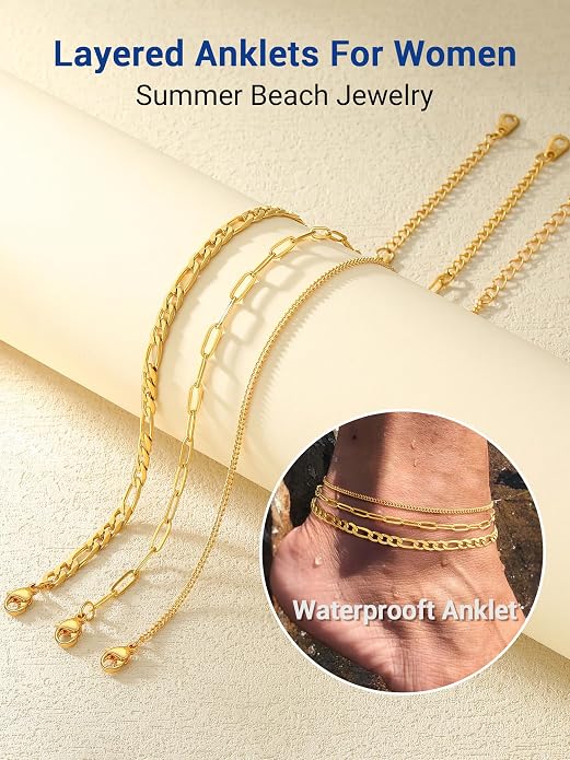 PROSTEEL Gold/Silver Anklets for Women Waterproof, 14K Gold Plated Ankle Bracelet Non Tarnish, Jewelry Gifts Adjustable