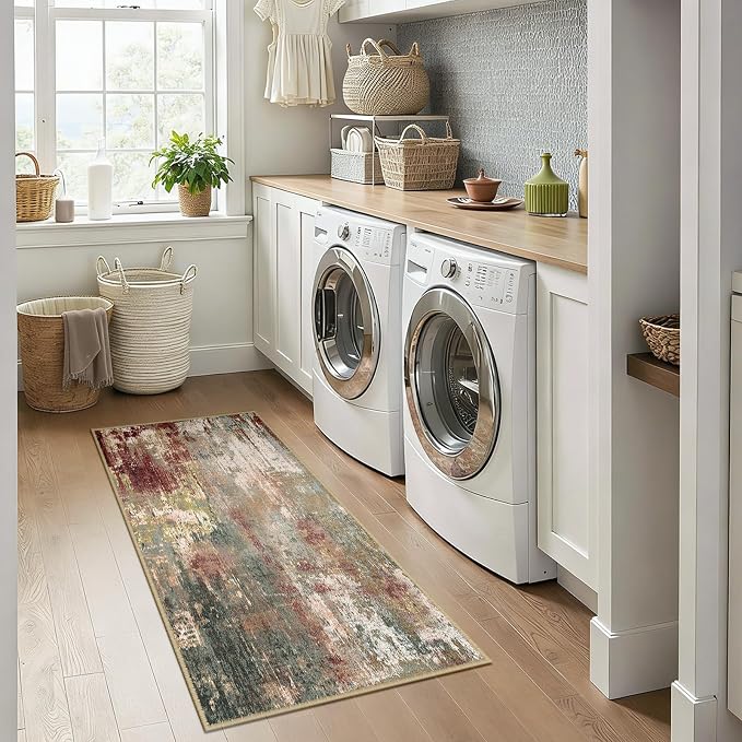 RELEANY Washable Area Rugs 2'x5' Non-Slip Modern Abstract Soft for Living Room Entryway Bedroom Kitchen, Print Pattern, Brown Rust Red Green Blue Multi