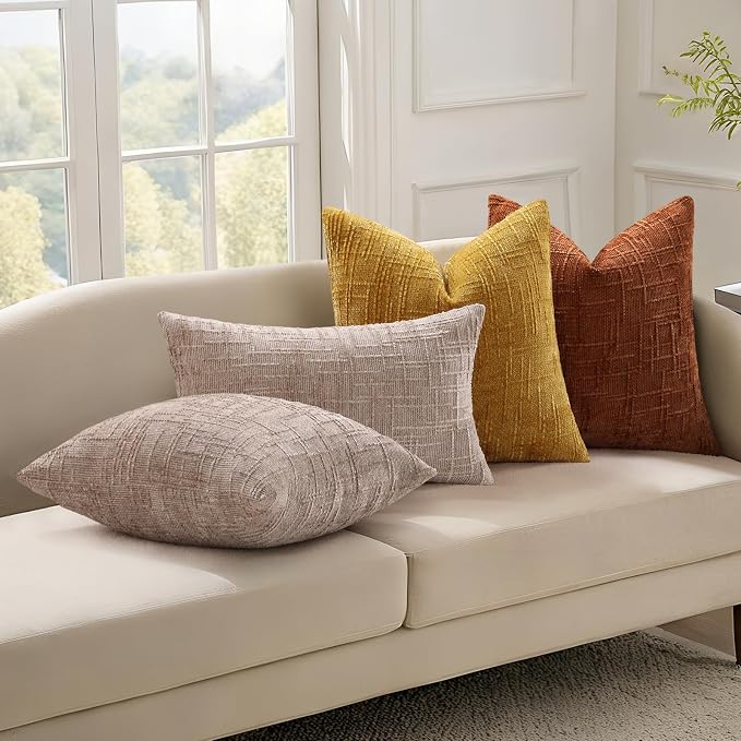 decorUhome Textured Chenille Throw Pillow Covers 24x24 Set of 2 Light Brown | Fall Modern Farmhouse Soft Cozy Slubby Couch Pillow Cases Boho Decorative Pillow Cases for Bed Sofa Living Room Home Decor