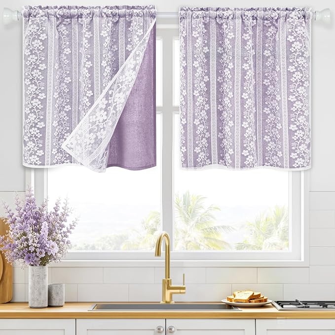 ASPMIZ Linen Kitchen Curtains Double Layer Kitchen Window Curtains Over Sink 24 Inch Length Purple Tier Curtain Light Filtering, Rod Pocket Cafe Curtain Short Window Treatments with 2 Tiebacks, 26x24