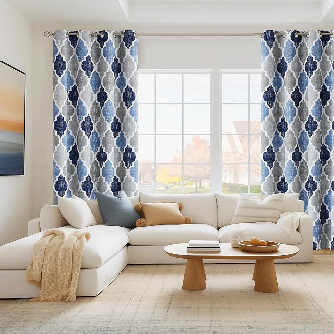 Beauoop Moroccan 100% Blackout Curtains Bedroom Blue Grey 50x84 2 Panels | Geometric Room Darkening Drapes for Living Room 84 Inch Long Thermal Insulated Soundproof Lattice Window Treatment Grommet