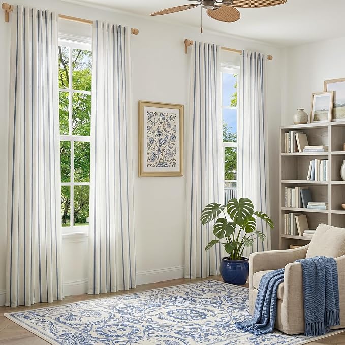 Vangao Striped Curtains Blue on White Semi Sheer Curtains 84 Inches Long for Living Room Bedroom Modern Farmhouse Linen Textured Light Filtering Drapes 2 Panels Blue W50 x L84 Inch