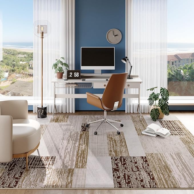FlyDOIT Modern Geometric Patchwork Area Rug, 4x6 Beige Large Rugs for Living Room, Rockwood Collection Indoor Rugs for Bedroom, Throw Carpet Floor Decor for Entryway Dining Room Office Nursery