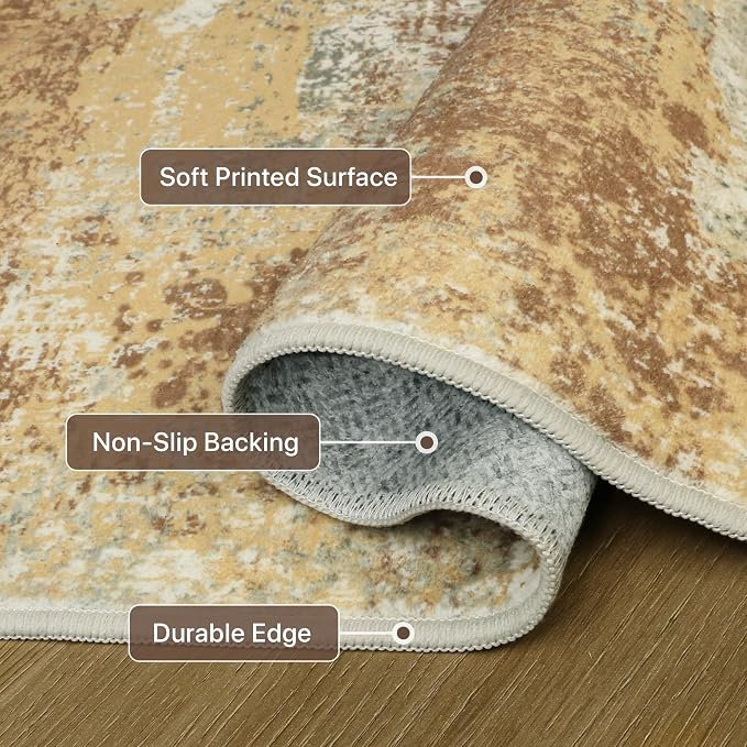 GENIMO Area Rug 5x7 Washable Abstract Modern Rug Non Slip, Throw Neutral Rugs Soft Large Carpet for Living Room Bedroom Dining Room, Low Pile Lightweight, Burnt Orange Brown Green Colorful