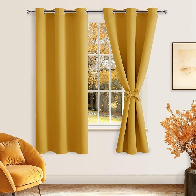 Hiasan Blackout Curtains for Bedroom and Living Room, Light Blocking, Noise Reducing Window Curtain Panels, Tiebacks Included, Set of 2, Grommet Top (Mustard Yellow, Width 38 Inch x Length 72 Inch)