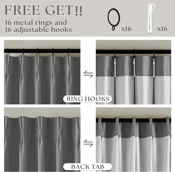 Grey Pinch Pleated Black Out Linen 45 Inch Curtains with Liner 2 Panels | Memory Trained, Thermal Insulated, UV Blocking, Noise Reducing, Room Darkening, 100% Blackout Short Curtains for Cafe Kitchen