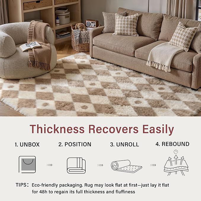 PureCozy Brown 8x10 Area Rug for Living Room Washable Non Slip Neutral Soft Bedroom Checkered Carpet Colorful Fluffy Modern Shag Fuzzy Indoor Large Aesthetic Bedroom Home Office Playroom Nursery