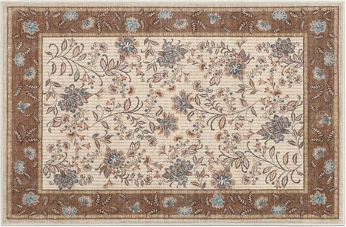 GarveeHome Small Entryway Rug, 2x3 Washable Front Door Rug Indoor Entrance French Floral Carpet Non-Slip Low Pile Beige Throw Rugs for Kitchen, Powder Room, Entry, Bathroom, Kids Room