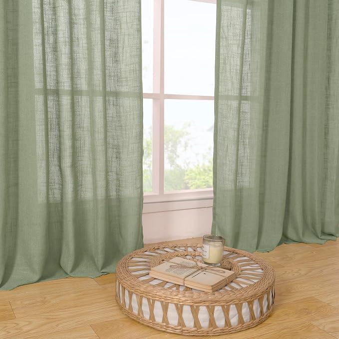LAMIT Sage Green Semi Sheer Linen Curtains 60 Inch, Light Filtering Neutral Window Panels Farmhouse Boho Back Tab and Rod Pocket Drapes for Bedroom, 2 Panels, 52 x 60 Inch