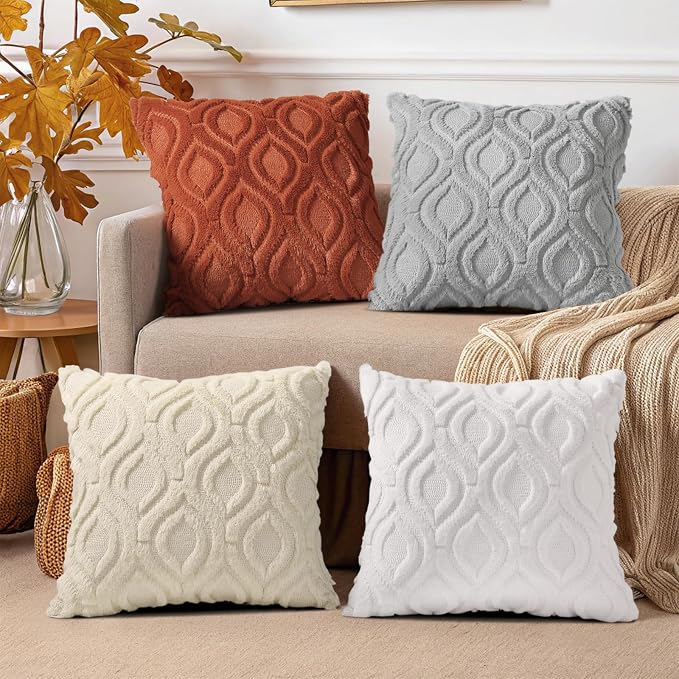 decorUhome White Rust Faux Fur Soft Throw Pillow Covers 18x18 Set of 4 | Fall Neutral Decorative Plush Couch Pillow Covers, Accent Modern Farmhouse Neutral Pillow Cases for Sofa Bed Living Room